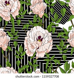 Floral seamless pattern with white peonies and leaves on striped geometrical background. Hand drawn illustration.