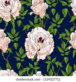 Floral seamless pattern with white peonies and leaves on dark blue background. Hand drawn illustration.