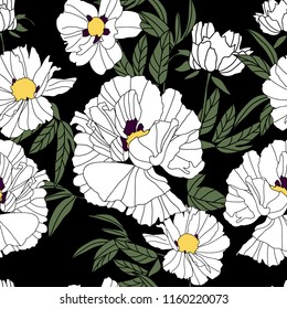 Patrón floral sin fisuras con peonías blancas y hojas sobre fondo negro. Ilustración dibujada a mano.
