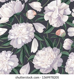 Floral seamless pattern with white peonies. Spring flowers background for prints, fabric, invitation cards, wedding decoration, wallpapers, wrapping paper. Realistic style. Vector illustration.