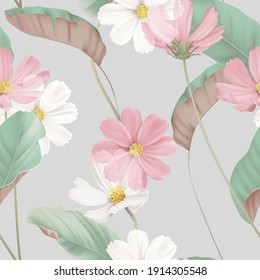 Floral seamless pattern, white and pink cosmos flowers with green leaves on grey