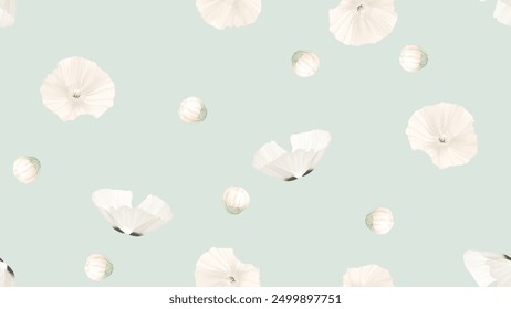 Floral seamless pattern, white poppy flowers on blue background
