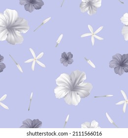 Floral seamless pattern, white and purple ruellia tuberosa flowers and on purple