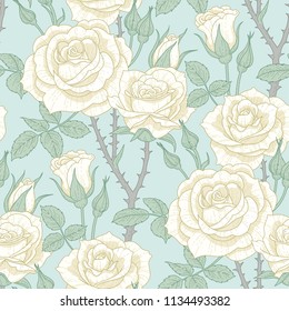 Floral seamless pattern of white roses on light blue background. Pattern at provence style  for textile, design and decoration