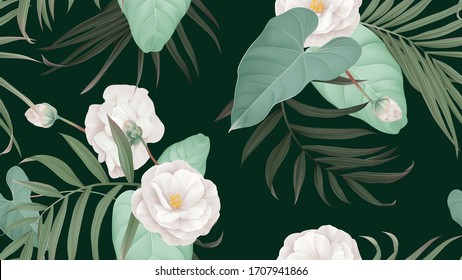 Floral seamless pattern, white Semi-double Camellia flowers with various leaves on dark green