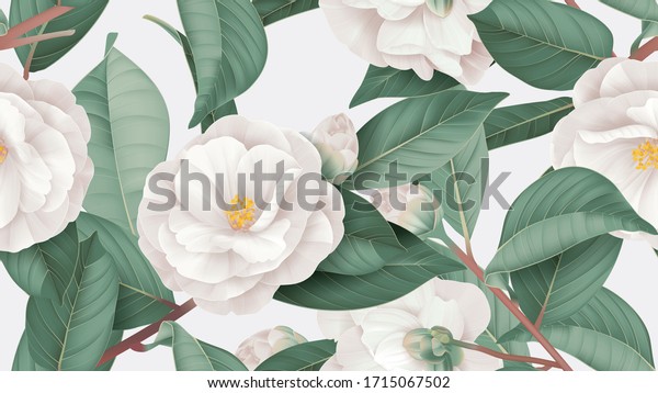 Floral seamless pattern, white Semi-double Camellia flowers with leaves on bright grey