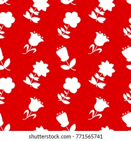 Floral seamless pattern with white silhouettes of flowers. Background with abstract doodle flowers. Vector illustration for summer and spring textile, wrapping, fabric.