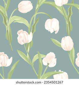 Floral seamless pattern, white tulips and leaves on green