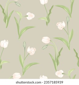 Floral seamless pattern, white tulips and leaves on green