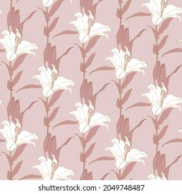 Floral seamless pattern of white and tuscany color lily flowers with bronze outline. Decorative print for wallpaper, wrapping, textile, fashion fabric or other printable covers.