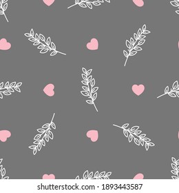 Nahtlose Blumenmuster mit weißen Zweigen und rosafarbenen Herzen auf grauem Hintergrund. Vektorromantischer Hintergrund.  Textur für Textilien, Gewebe, Tapeten, Packpapier.
