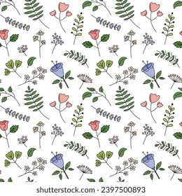 Floral seamless pattern. White vector background with cute hand drawn flowers, leaf elements. Decorative plants repeat illustration.