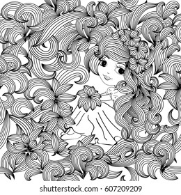 Floral seamless pattern. White vector background wallpaper illustration with black line art hand drawn  flowers, little girl with big beautiful eyes, curly long hairs. Vector girl princess