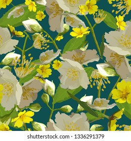 Floral seamless pattern with white and yellow flowers on a dark blue background. Jasmine flowers and small yellow flowers are scattered randomly. For textiles, wallpaper, fashion prints, clothing