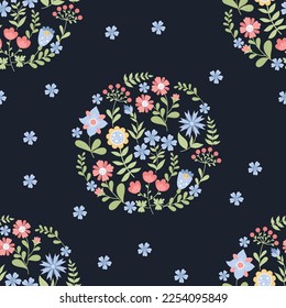 Floral seamless pattern wich flower circle of decorative flowers on black background. Vector illustration in flat style for wallpaper, textile, packaging, decor and design