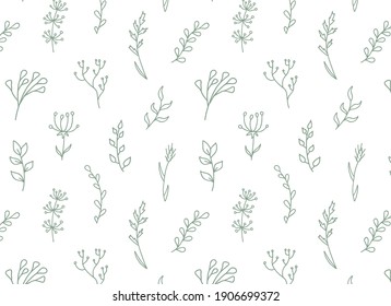 Floral seamless pattern with wild flowers, herbs, branchs. Vector hand drawn garden print. Botany repeat background in doodle style. Vintage outline design.