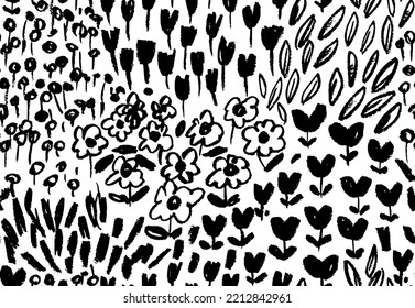 Floral seamless pattern with wild flowers in doodle style. Field and meadow motif. Chamomiles, poppies and wild herbs. Brush drawn vector botanical ornament with small stems and leaves. 