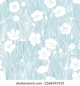 Floral sin costuras con flores silvestres y hierba sobre fondo de color azul.  Ilustración vectorial. Perfecto para plantillas de diseño, papel pintado, envoltura, tela y textil.