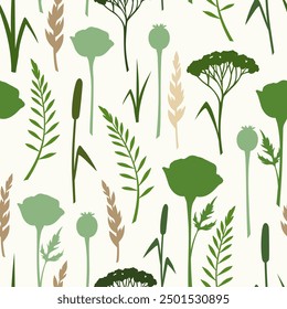 Patrón floral sin fisuras con flores silvestres y siluetas de hierbas. Estampado floral verde y beige Vector. Ilustración dibujada a mano, no IA