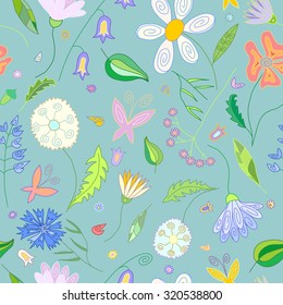 Floral seamless pattern with wild flowers of different colors leaves and butterflies on cyan background