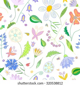 Floral seamless pattern with wild flowers of different colors leaves and butterflies on white background