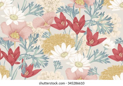 Floral seamless pattern with wild flowers. Vector background. Illustration in vintage style for decoration fabrics, textiles, paper, wallpaper.