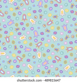 Floral seamless pattern with wild flowers on cyan background