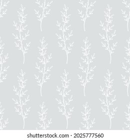 Floral seamless pattern with wild herbs silhouettes endless background. Elegant Botanical summer texture. Delicate stylish leaf sketch art. Vintage vector illustration for wedding, wrapping paper