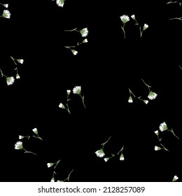 Floral seamless pattern. Wild meadow abstract branches scattered random. Trendy vector texture. Good for fashion prints, design. Hand drawn small white flowers on black background