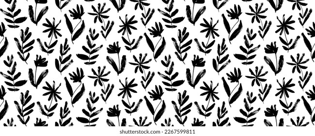 Floral seamless pattern with wild plants. Brush drawn simple abstract flowers. Botanical ornament with dry brush texture. Black and white artistic botanical wallpaper. Chamomile, daisy, chrysanthemums
