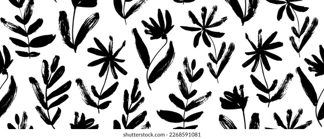 Floral seamless pattern with wild plants. Brush drawn simple abstract flowers. Botanical ornament with dry brush texture. Black and white artistic botanical wallpaper. Chamomile, daisy, chrysanthemums