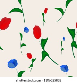 floral seamless pattern, wild red and blue flowers, vector illustration