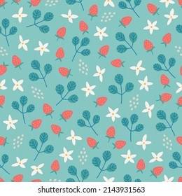 Floral seamless pattern with wild strawberry, flowers, leaves on turquoise background. Perfect for spring and summer greetings, wallpaper, wrapping paper, fabric. Vector illustration