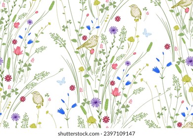 Blumenmuster nahtlos. Wildblumen, dekorative Gräser und süße Vögel. Feiner heller Hintergrund. Vektorgrafik. Vorlage für Stoffe, Textilien, Umhüllungspapier, Tapete. Vintage