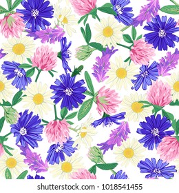 Floral seamless pattern with wildflowers isolated on white background. Cute romantic flowers. Summer concept. Design element for textile, fabrics, scrapbooking, wallpaper and etc. Vector illustration.