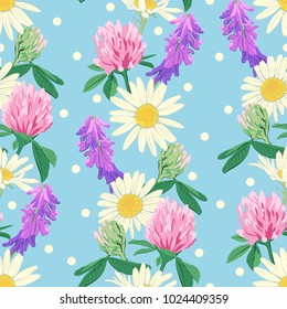 Floral seamless pattern with wildflowers isolated on blue background. Cute romantic flowers. Summer concept. Design element for textile, fabrics, scrapbooking, wallpaper and etc. Vector illustration.