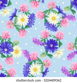Floral seamless pattern with wildflowers isolated on blue background. Cute romantic flowers. Summer concept. Design element for textile, fabrics, scrapbooking, wallpaper and etc. Vector illustration.