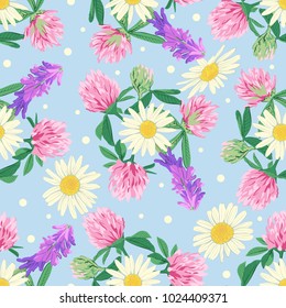 Floral seamless pattern with wildflowers isolated on blue background. Cute romantic flowers. Summer concept. Design element for textile, fabrics, scrapbooking, wallpaper and etc. Vector illustration.
