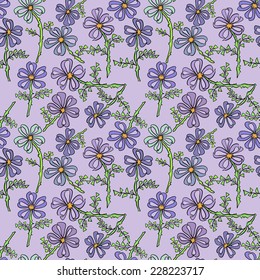Floral seamless pattern with wildflowers. Messy background with tulip, lily, aster and other flowers.