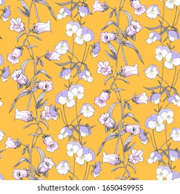 Floral seamless pattern with wildflowers. Pansies, Campanula on a background of mustard.