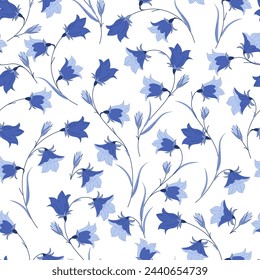 Floral seamless pattern with wildflowers. Vector seamless pattern with bluebell flowers and leaves. Botanical wallpaper. Floral design.