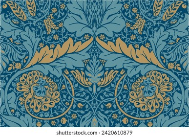 Floral Seamless Pattern. William Morris Style Pattern. Plant Botanical Ornament. Gold Foliage on Dark Blue, Indigo, Navy Blue Background. Tropical Leaves. Vector illustration.
