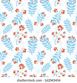 Floral seamless pattern with winter ash berry and blue leaves