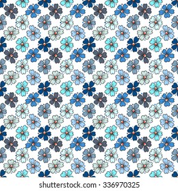 Floral seamless pattern winter flowers. Blue, light blue and gray flowers and small circles on a white background.