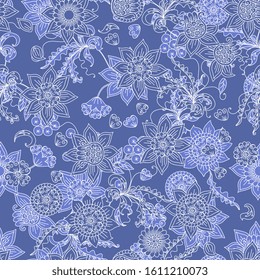 Floral seamless pattern with winter motifs. Beautiful linear white flowers on blue background. Frost patterns.