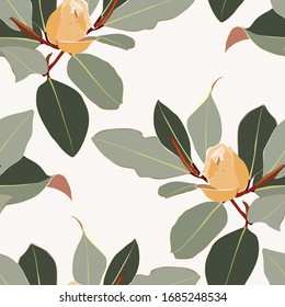 Floral seamless pattern, yellow Anise magnolia flowers and leaves on light brown, pastel vintage colors.