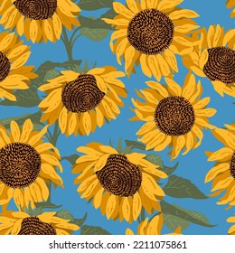 Floral seamless pattern. Yellow blooming sunflowers on a blue background. Modern vector illustration for wrapping paper, wallpapers, fabrics, postcards.