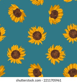 Floral seamless pattern. Yellow blooming sunflowers on a blue background. Modern vector illustration.