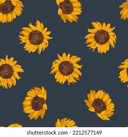 Floral seamless pattern. Yellow blooming sunflowers on a dark background. Modern vector illustration.