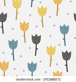 Floral seamless pattern with yellow and blue tulips. 
